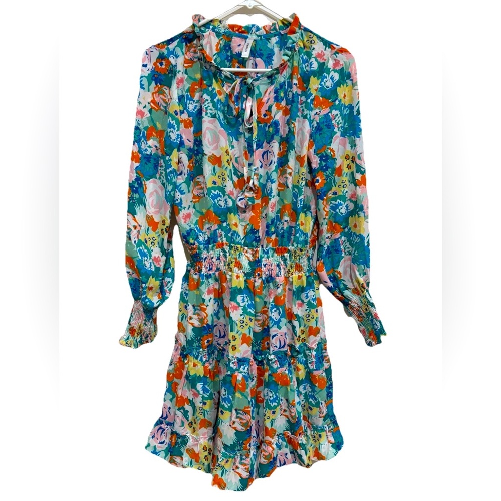 Women‎ Boho Floral Drawstring V Neck Smocked Chiffon Above Knee Dress Size Small